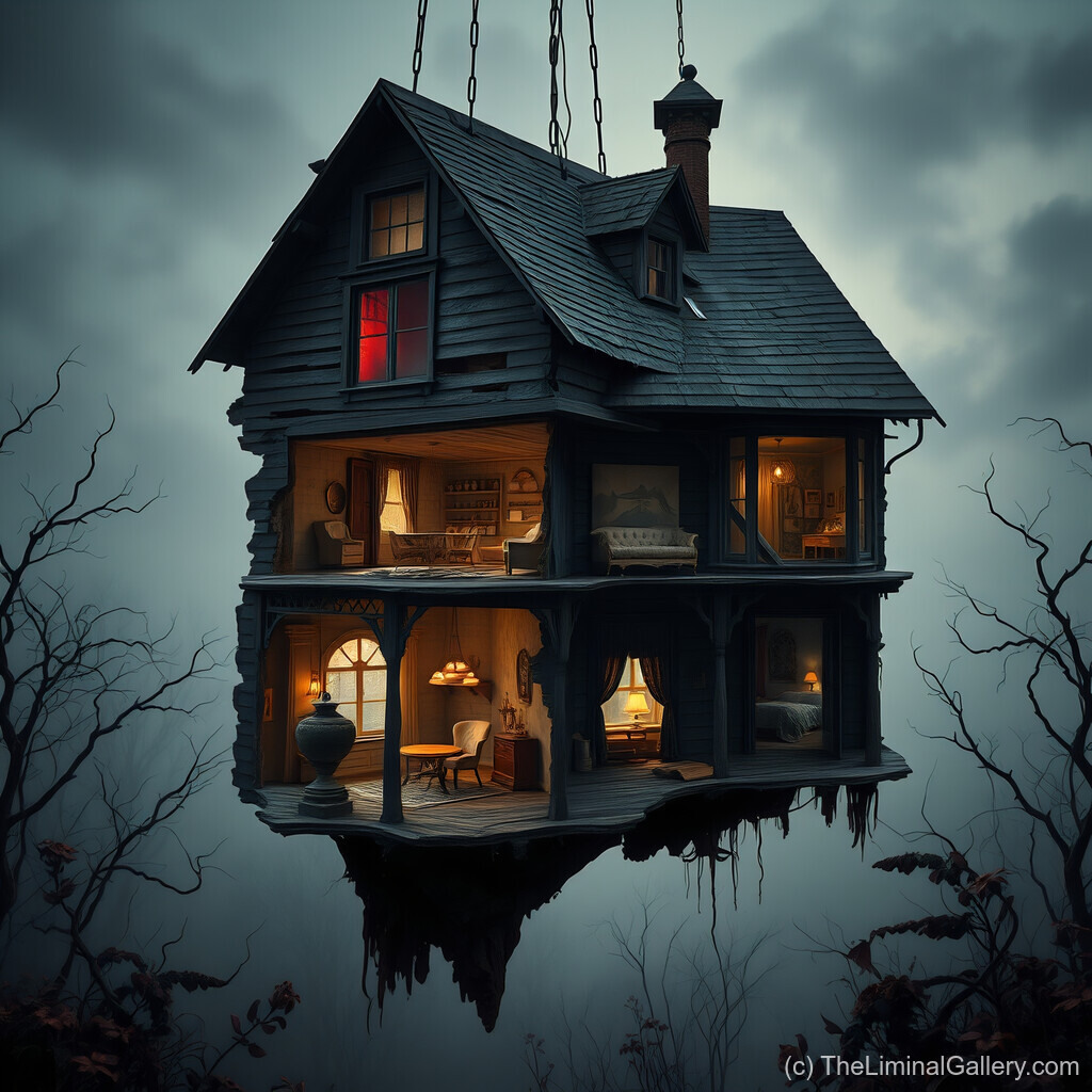 A hauntingly beautiful floating manor suspended in mid-air, radiating mystery and allure.